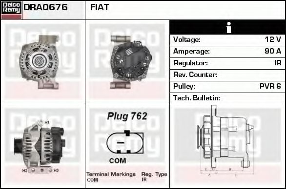 DELCO REMY DRA0676 Генератор  для FIAT PUNTO EVO (199) 1.3 D Multijet