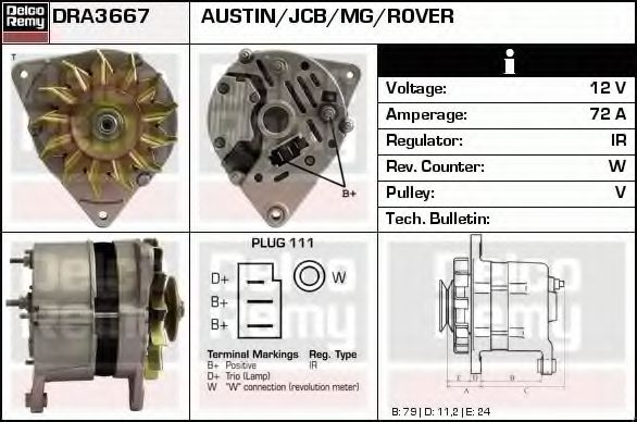 DELCO REMY DRA3667 Генератор для ROVER 800 хэтчбек (XS) 827 24V I/SI (RS) KAT DELCO REMY DRA3667 Генератор для ROVER 800 хэтчбек (XS) 827 24V I/SI (RS) KAT