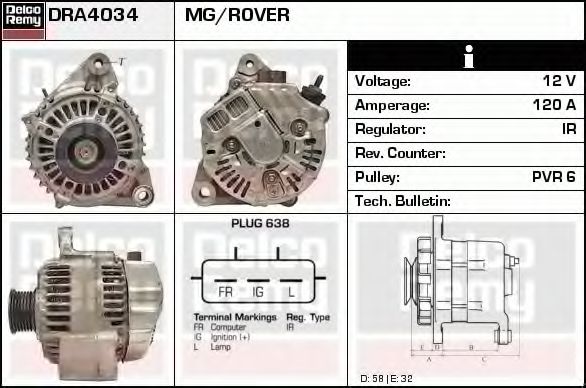 DELCO REMY DRA4034 Генератор для ROVER 45 (Ровер 45)