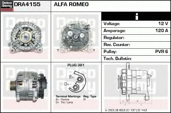 DELCO REMY DRA4155 Генератор для ALFA ROMEO 166 (936) 2.5 V6 24V (936A21)