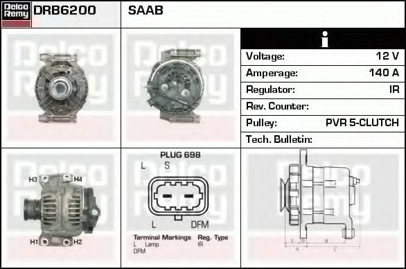DELCO REMY DRB6200 Генератор для SAAB 9-3 кабрио (YS3F) 1,8t