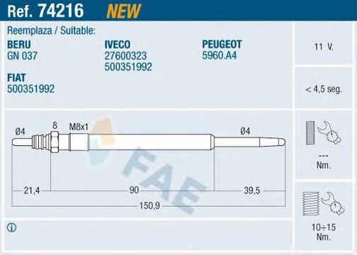 FAE 74216 Свеча накаливания для IVECO