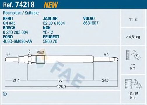 FAE 74218 Свеча накаливания для JAGUAR