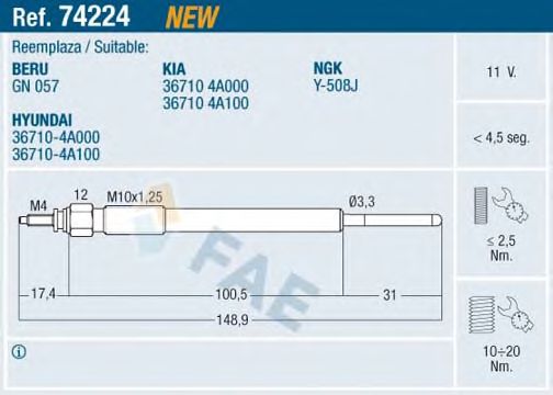FAE 74224 Свеча накаливания для HYUNDAI H-1