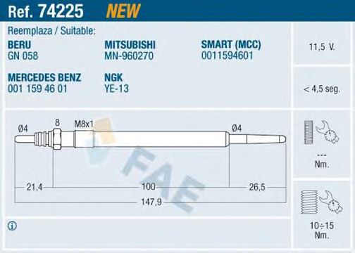 FAE 74225 Свеча накаливания для SMART