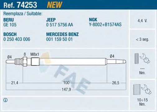 FAE 74253 Свеча накаливания для MERCEDES-BENZ GLK-CLASS
