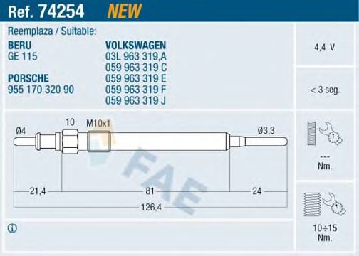 FAE 74254 Свеча накаливания для AUDI Q7