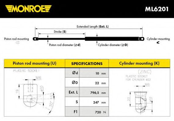 MONROE ML6201 Амортизатор багажника и капота для OPEL COMBO