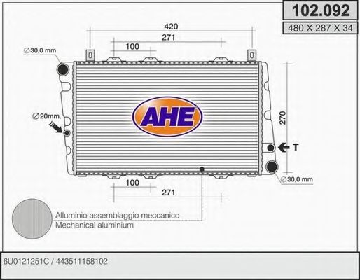AHE 102092 Радиатор охлаждения двигателя для SKODA FELICIA