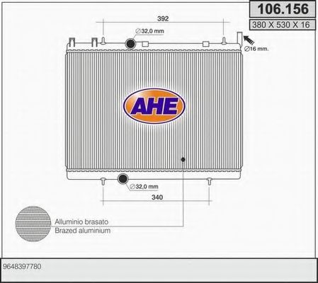 AHE 106156 Радиатор охлаждения двигателя для PEUGEOT 206 CC (2D)