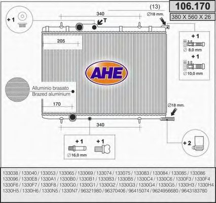AHE 106170 Радиатор охлаждения двигателя для PEUGEOT 206 CC (2D)
