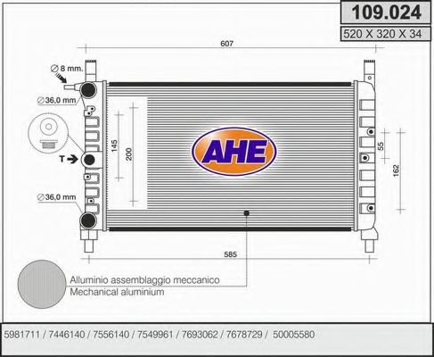 AHE 109024 Радиатор охлаждения двигателя AHE для FIAT