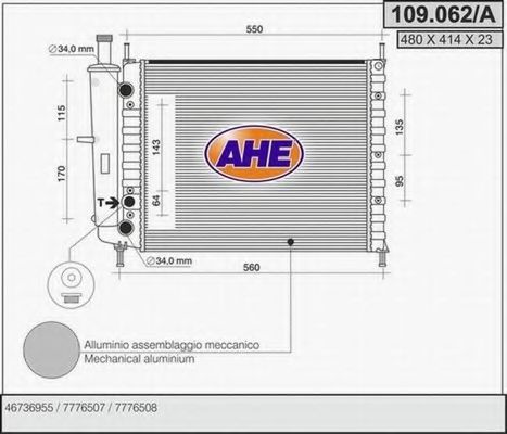 AHE 109062A Радиатор охлаждения двигателя AHE для FIAT