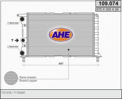 AHE 109074 Радиатор охлаждения двигателя AHE для FIAT