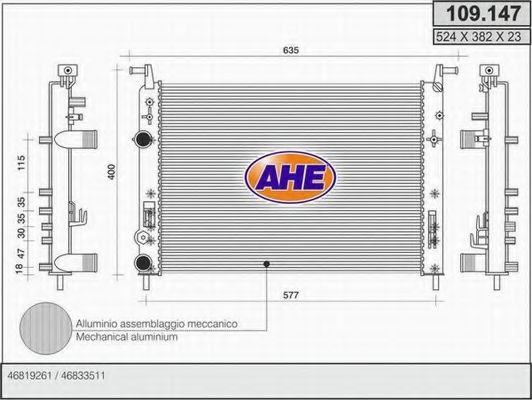 AHE 109147 Радиатор охлаждения двигателя для FIAT PALIO