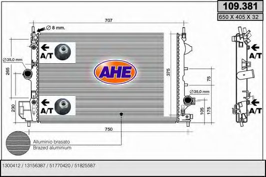 AHE 109381 Радиатор охлаждения двигателя для OPEL SIGNUM