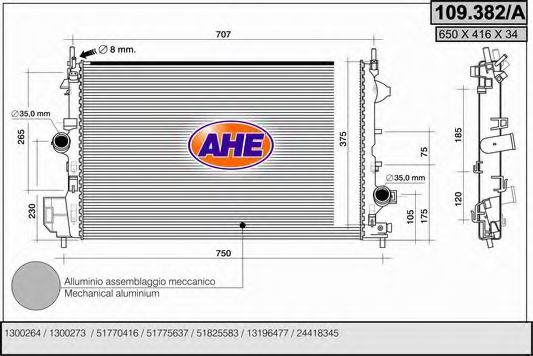 AHE 109382A Радиатор охлаждения двигателя для OPEL SIGNUM