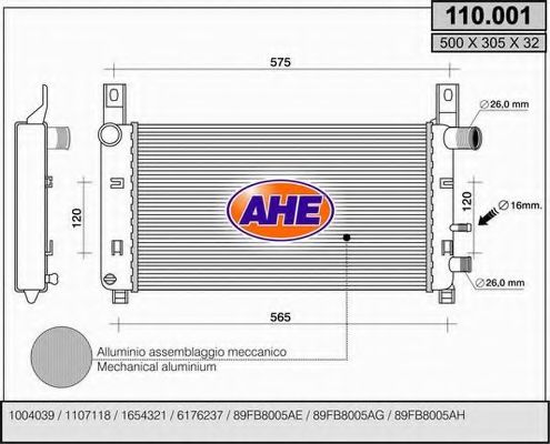 AHE 110001 Радиатор охлаждения двигателя AHE для FORD