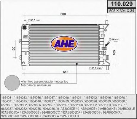 AHE 110029 Радиатор охлаждения двигателя AHE для FORD