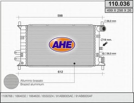 AHE 110036 Радиатор охлаждения двигателя AHE для FORD