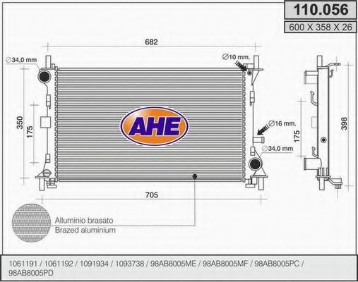 AHE 110056 Радиатор охлаждения двигателя AHE для FORD