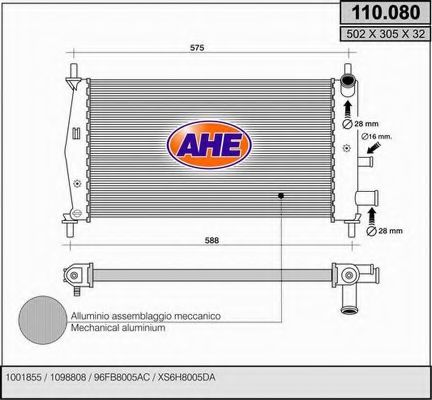 AHE 110080 Радиатор охлаждения двигателя AHE для FORD