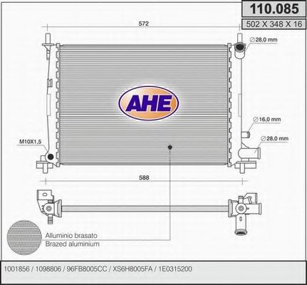 AHE 110085 Радиатор охлаждения двигателя AHE для FORD