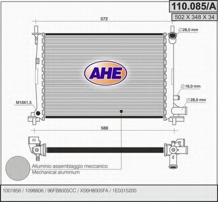 AHE 110085A Радиатор охлаждения двигателя AHE для FORD