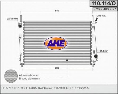 AHE 110114O Радиатор охлаждения двигателя AHE для FORD