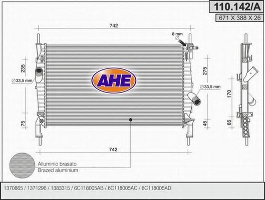 AHE 110142A Радиатор охлаждения двигателя для FORD TRANSIT TOURNEO