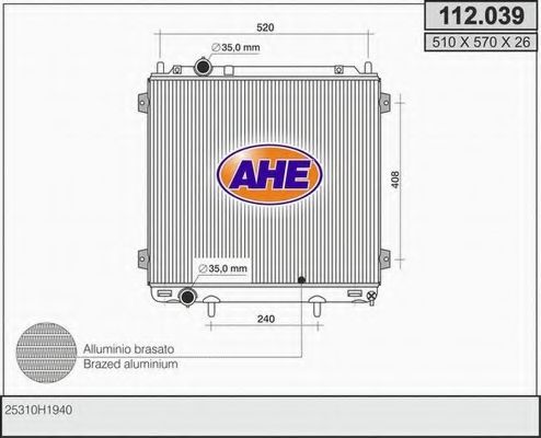 AHE 112039 Радиатор охлаждения двигателя AHE для HYUNDAI