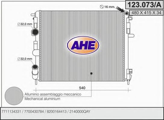 AHE 123073A Радиатор охлаждения двигателя для RENAULT
