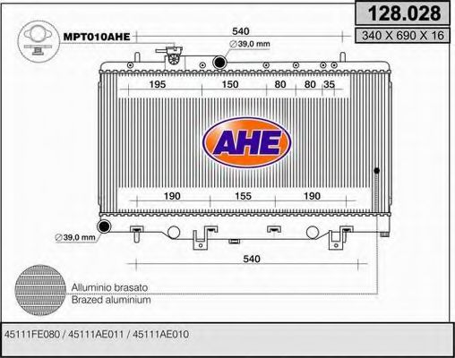 AHE 128028 Радиатор охлаждения двигателя для SUBARU IMPREZA