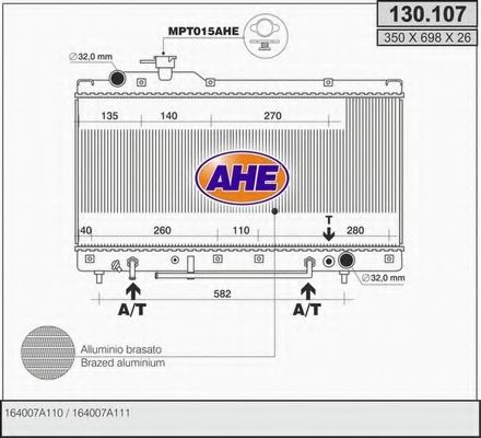 AHE 130107 Радиатор охлаждения двигателя AHE для TOYOTA