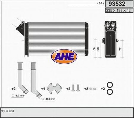 AHE 93532 Радиатор печки для PEUGEOT
