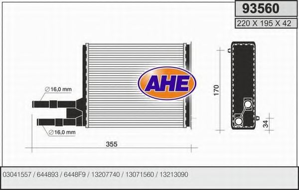 AHE 93560 Радиатор печки для PEUGEOT