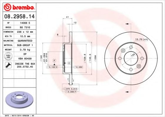 BREMBO 08295814 Тормозные диски для RENAULT CLIO
