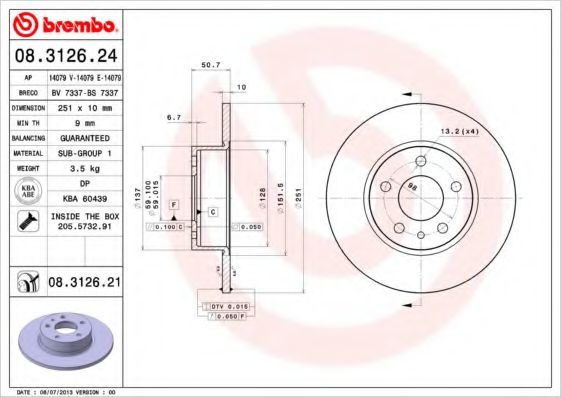 BREMBO 08312621 Тормозные диски для ALFA ROMEO 156