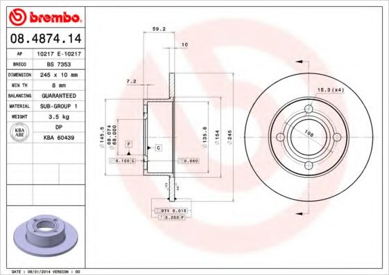 BREMBO 08487414 Тормозные диски для AUDI CABRIOLET