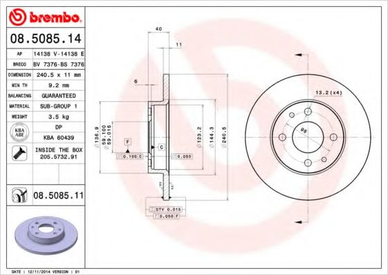 BREMBO 08508511 Тормозные диски для FIAT BARCHETTA