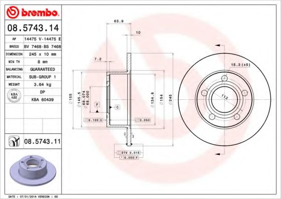 BREMBO 08574311 Тормозные диски BREMBO для VOLKSWAGEN