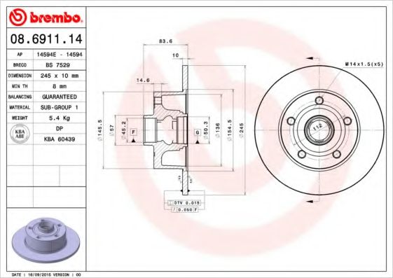 BREMBO 08691114 Тормозные диски для AUDI