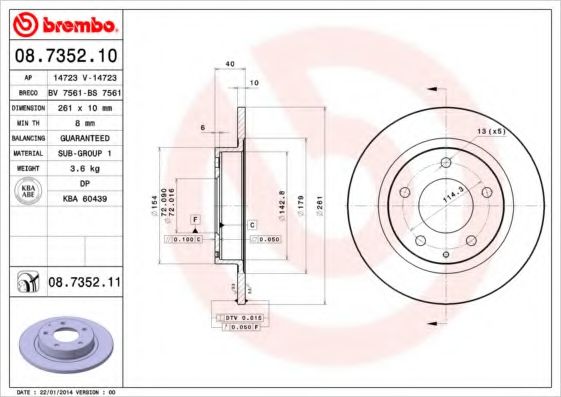 BREMBO 08735210 Тормозные диски для MAZDA PREMACY