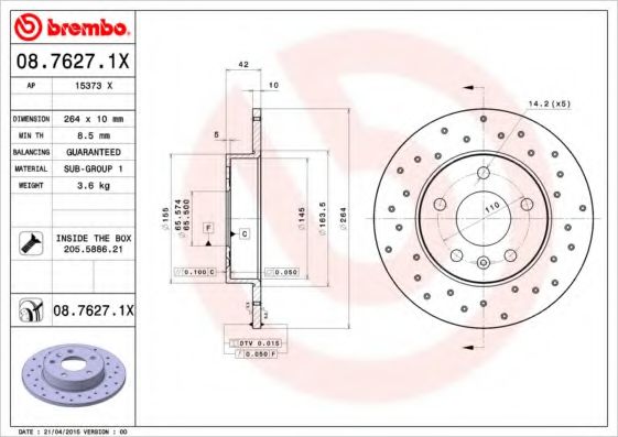 BREMBO 0876271X Тормозные диски для CHEVROLET