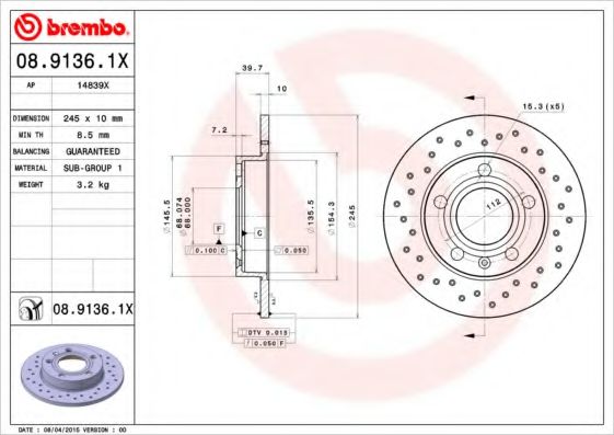 BREMBO 0891361X Тормозные диски BREMBO для SEAT