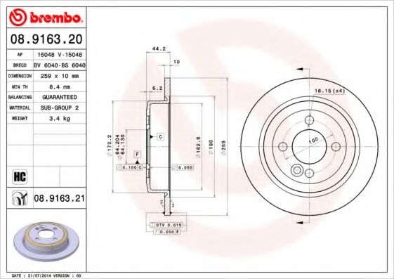 BREMBO 08916320 Тормозные диски для MINI MINI