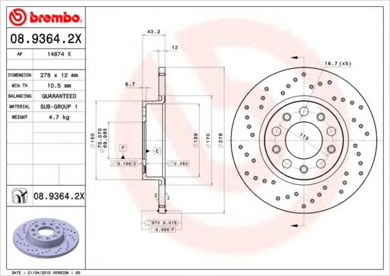 BREMBO 0893642X Тормозные диски BREMBO для ALFA ROMEO