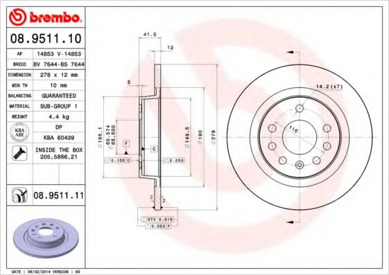 BREMBO 08951110 Тормозные диски для CADILLAC