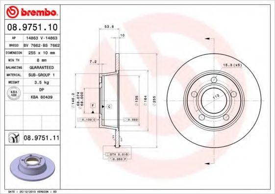 BREMBO 08975111 Тормозные диски для AUDI
