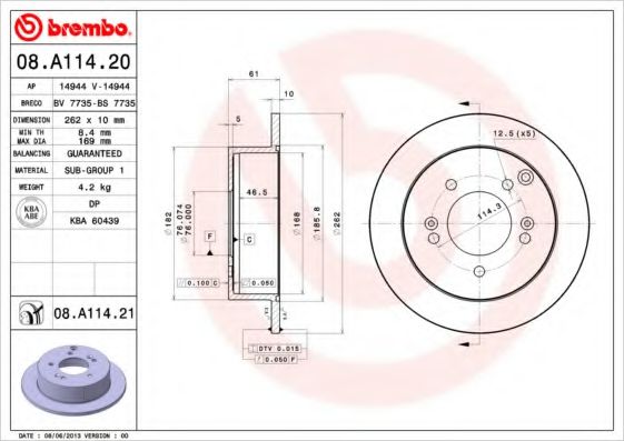 BREMBO 08A11420 Тормозные диски BREMBO для KIA